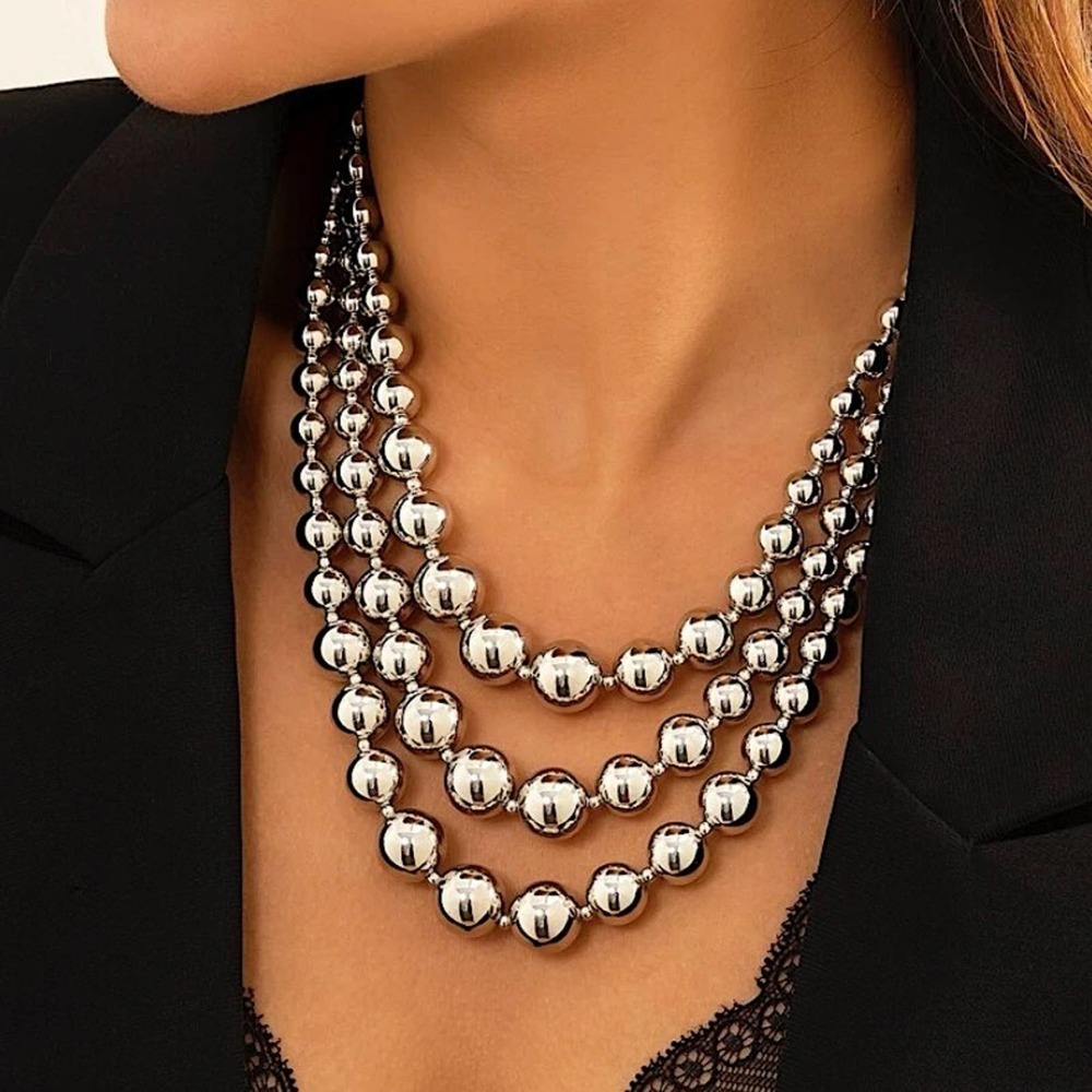 Sterling Silver Plated Multi Layer Beaded Ball Minimalist Necklace